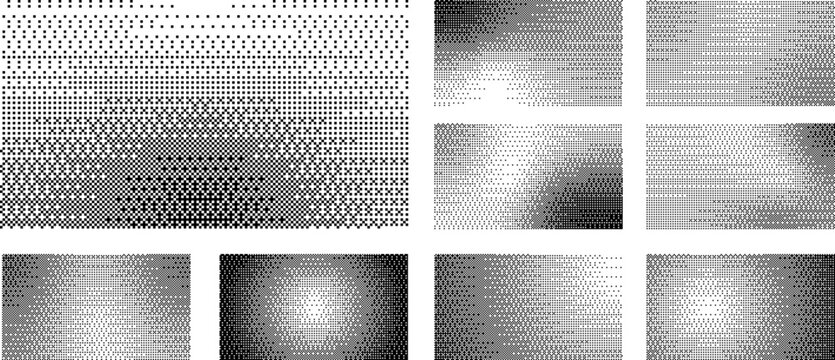 Retro gradient dither texture set with pixel style bitmap Gradient pixel bitmap dither with background bit set and bg pattern game. Halftone shape, 