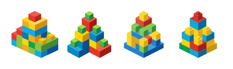 Colorful isometric toy block structures and abstract designs