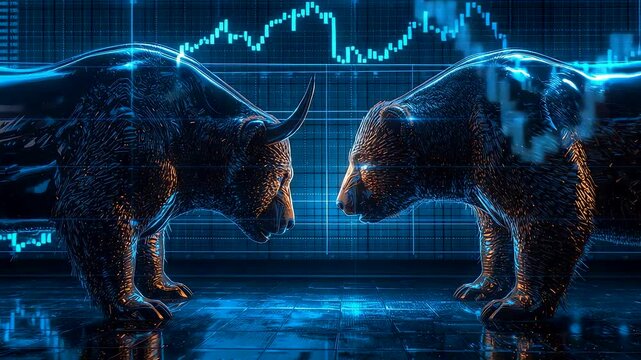 Bull and Bear Facing Off with Digital Stock Market Charts and Blue Data Background