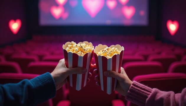 Couple holds popcorn buckets in empty movie theater rows. Pink hearts glow on screen and walls creating romantic atmosphere. People enjoy film date night together.