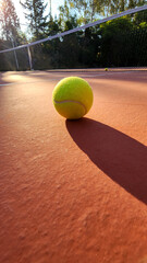 A detailed view of an empty tennis court and tennis ball.