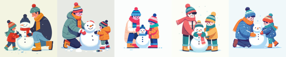 a father helps his child make a snowman