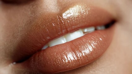 Close-up of glossy peachy-nude lips with shiny lip gloss. - Powered by Adobe