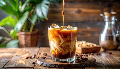 Iced Coffee Swirls Cream and Coffee Pouring into Glass with Ice Cubes on Rustic Wooden Table Top with Green Plant and Coffee Beans in Background