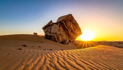 Golden Sunset Illuminates Massive Jagged Rock Formation Standing Tall on Rippled Sand Dunes Under a Clear Blue Sky