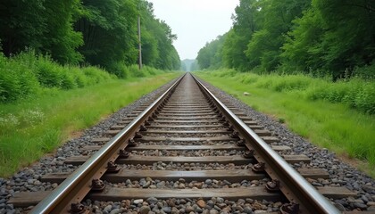 Fototapeta premium Railroad track stretches through green summer nature. Railway road goes to horizon. Rails symbolize travel journey and movement to future. Calm tranquil scene perfect for countryside escape concepts.