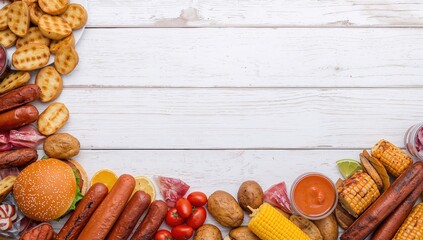 Summer barbecue food display including hamburgers, hot dogs, potatoes, corn, and cold treats, ideal for outdoor gatherings