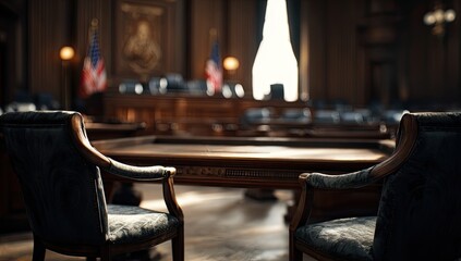 Interior shot of a historic courtroom with chairs, tables, American flags, and natural light