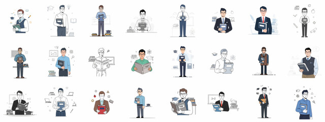Professional Male Educators, Scholars, and Students Holding Books: A Vector Illustration Set Symbolizing Knowledge and Academia.