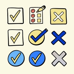Hand Drawn Check Mark and Cross Icons Keywords: check mark, cross, x, tick, yes, no, correct