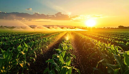 Golden Sunset Over Irrigated Corn Field With Water Sprinklers Creating Rainbows and Lens Flare in Rural Landscape