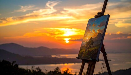 Golden Sunset Painting on Easel Overlooking Scenic Mountains and Water with Dramatic Clouds and Warm Light