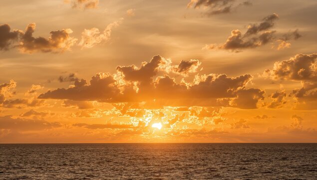 Vertical clouds at sunset during golden hour, tranquil seascape backdrop - Powered by Adobe