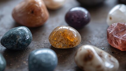 Colorful spiritual healing stones for meditation, promoting mindfulness and relaxation