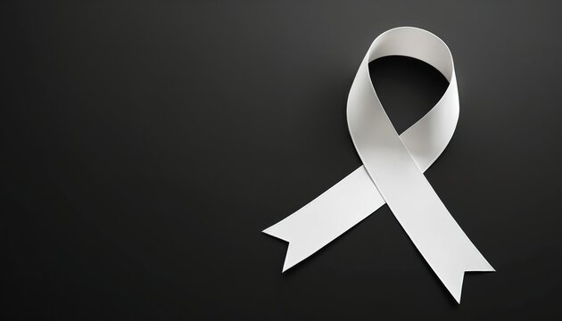Simple white awareness ribbon forms symbolic loop on solid black background. Elegant graphic represents support for various causes, including health, peace, nonviolence. Expresses care, hope,