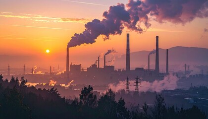 Industrial factory silhouette against a vibrant orange sunset sky with plumes of smoke rising from tall chimneys creating an atmospheric haze over the distant landscape