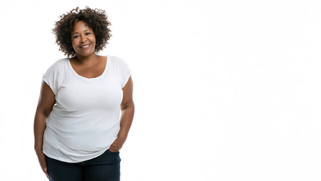 Happy plus size black woman in plain white t-shirt and jeans, with hands in pocket pose, isolated on a clean white background.