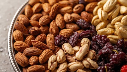 Obraz premium A close-up view of a variety of nuts on a serving platter, a protein-rich snack option