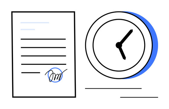 Document with signature and analog clock emphasizes agreement, deadlines, scheduling, time tracking, efficiency. Ideal for business, contracts, organization, productivity management legal concepts