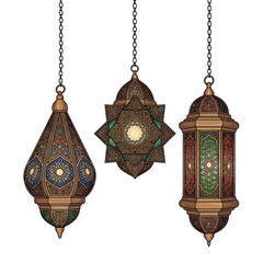 Elegant vintage Ramadan lanterns glowing with intricate detail, perfect for vibrant festive designs and cultural celebrations, adding a touch of Arabian nights