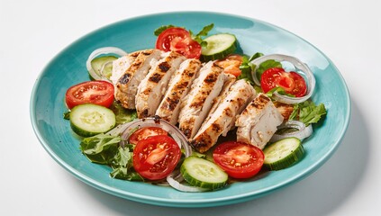 Grilled chicken salad featuring tomato, cucumber, and onion served on a turquoise plate, protein-rich meal