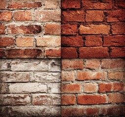 Fototapeta premium Four-part collage of brick walls, featuring different color variations and weathered textures