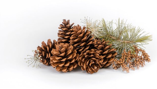 Pine cones alongside a cypress branch on a white backdrop, natural decoration for seasonal arrangements