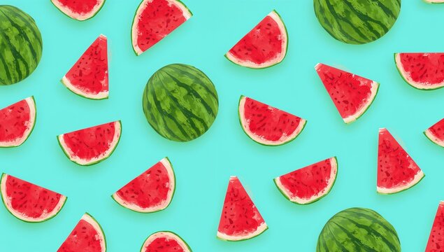 Seamless pattern of watermelon, vibrant fruit design against bright blue backdrop, suitable for background use - Powered by Adobe