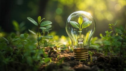 Green energy concept with a light bulb and plant growing inside symbolizing sustainability and environmental awareness in a natural forest setting