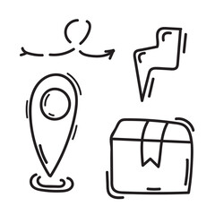 icons for mobile apps and websites - arrow, geolocation, location, parcel, black and white vector isolated element, hand-drawnn vector isolated element, hand-drawn