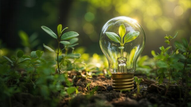 Green energy concept with a light bulb and plant growing inside symbolizing sustainability and environmental awareness in a natural forest setting - Powered by Adobe