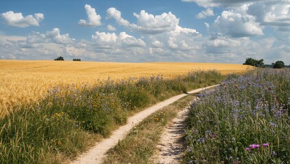 Naklejka premium Golden wheat field bordered by wildflowers, seasonal change
