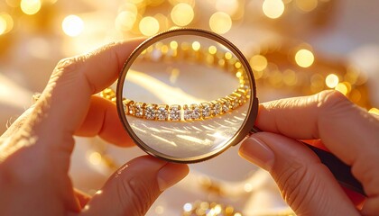 Close-up view of hands inspecting a gold bracelet with a magnifying glass under warm light, showing detail and clarity in jewelry craftsmanship.