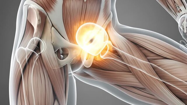 Detailed 3D Medical Animation Showing Human Hip Joint Anatomy With Highlighted Pain Area and Surrounding Muscles and Bones With Clear Lighting On A Plain Background