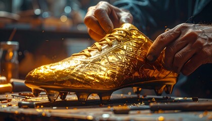 A close-up view of a craftsman working on a brilliantly polished golden football boot, highlighting intricate details, craftsmanship, and a luxurious sports-inspired design.