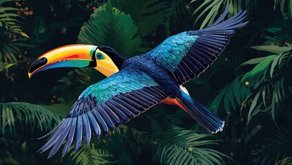 Naklejka premium Abstract representation of a tropical bird, vibrant colors and shapes create a dynamic composition, artistic expression