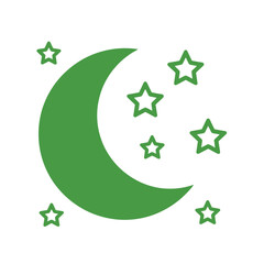 Dreamy green crescent moon with twinkling stars for magical designs, perfect for Ramadan, Eid, or children's books, creating a serene celestial atmosphere