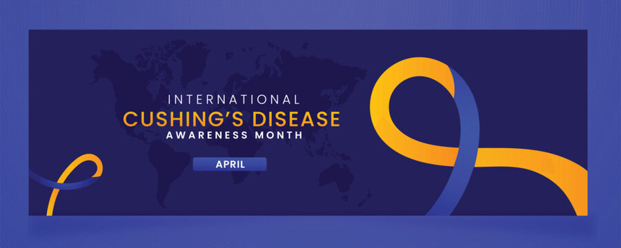 International Cushing's Disease Awareness Month in April: Blue and Yellow Ribbon Banner with World Map