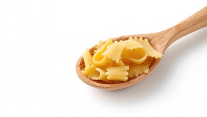 Uncooked pasta resting in a wooden spoon, versatile ingredient for various dishes