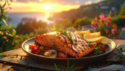 Gourmet Grilled Salmon Fillet With Lemon And Cherry Tomatoes Served Outdoors At Sunset With Coastal Ocean View And Lush Greenery
