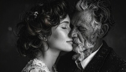 Intimate Black And White Portrait Of A Young Woman Gently Kissing An Old Man With Snowflakes Falling Around Them Symbolizing Timeless Love And Connection