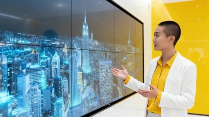 Professional woman giving a presentation in a modern office. Speaker gesturing at a large screen with a futuristic cityscape. Corporate technology and innovation concept