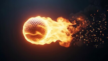 Golf Ball Ablaze With Fierce Orange Flames Streaking Across a Dark Background With Embers Flying