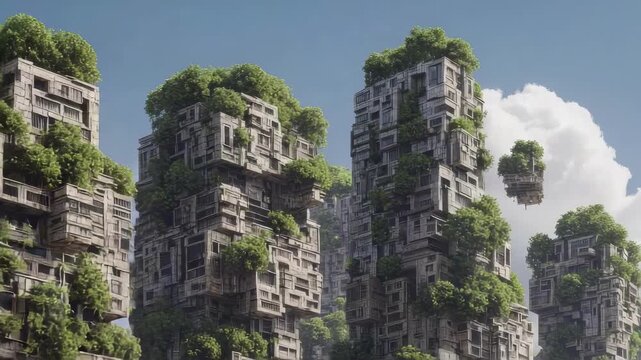 Floating islands of cube-shaped buildings with trees growing on every level.