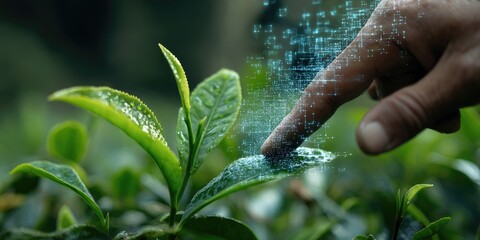 A hand touches a tea leaf, overlaid with digital data