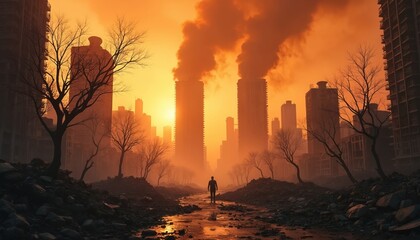 Lone person walks on devastated street full of rubble in ruined city. Smoke rises from damaged skyscrapers under fiery orange sky. Leafless trees stand in desolate post-apocalyptic urban scene of