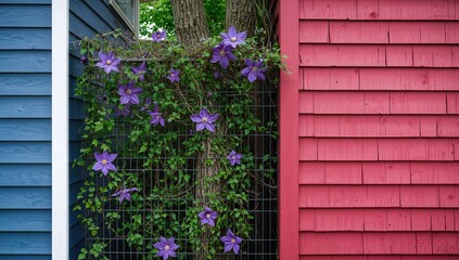 Fototapeta premium A purple clematis vine entwined with a wire fence, showcasing seasonal growth near contrasting colored structures