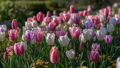 Obraz premium Pastel pink, purple, and white tulips flourish in a botanical garden, symbolizing spring's arrival, seasonal change