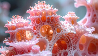 Intricate fractal coral structure with delicate pink and orange hues illuminated by soft ethereal light creating a mesmerizing underwater scene