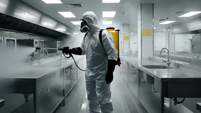 Person In Hazmat Suit Sprays Disinfectant In Large Commercial Kitchen With Stainless Steel Sinks And Countertops Under Bright Fluorescent Lights Creating Foggy Atmosphere